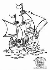 A pirate Ship In The Ocean With Skull On Its Side And Flag Flying sketch template