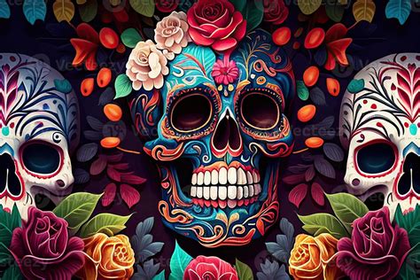 Dia De Los Muertos Background Day of the Dead Art Decoration, Bones Skull Flower Ornament ...