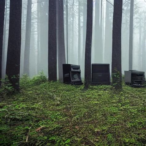 abandoned computers in dark forest at night, with fo... | OpenArt