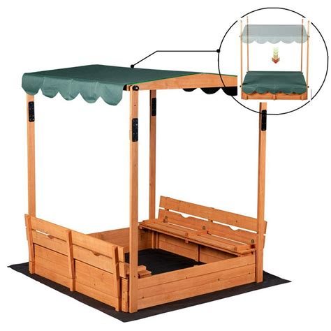 Wooden Outdoor Sandbox Convertible Canopy Covered Sand Box Bench Seat ...