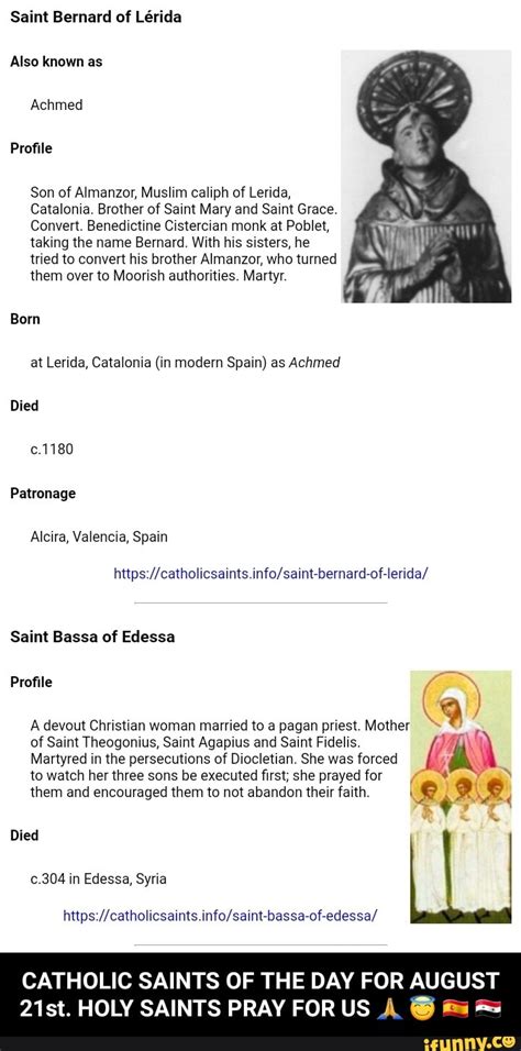 Saint Bernard of Lrrida Also known as Achmed Profile Son of Almanzor, Muslim caliph of Lerida ...