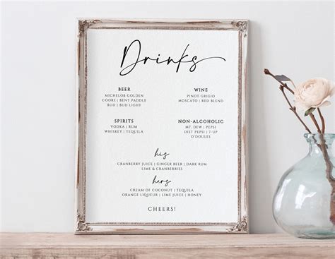 Wedding Bar Sign Bar Menu Template Printable Bar Menu - Etsy