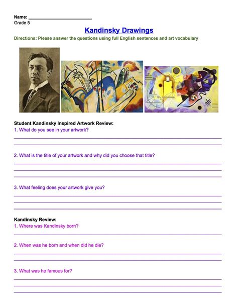 Kandinsky Drawing Review Worksheet Grade 5 | Art worksheets, Teaching art, Fine art class