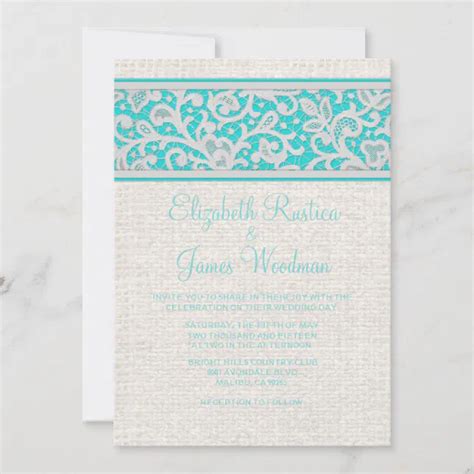 Teal Silver Rustic Burlap Lace Wedding Invitations | Zazzle