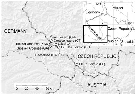 The map of location of the Bohemian Forest lakes (their codes used ...