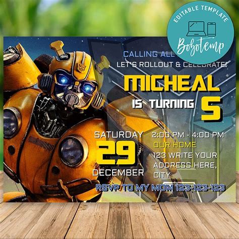 Editable Transformers Bumblebee Birthday Invitations DIY | Createpartylabels