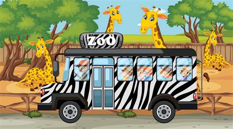 Safari scene with many giraffes and kids on tourist bus 2290372 Vector Art at Vecteezy