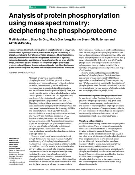 (PDF) Analysis of protein phosphorylation using mass spectrometry: deciphering the ...