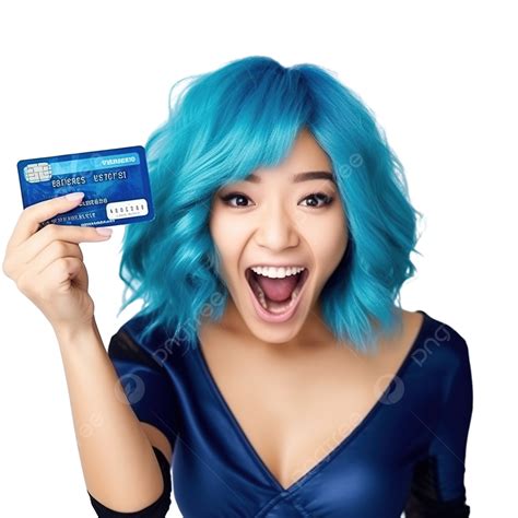 Excited Pretty Asian Girl Showing Credit Card, Wearing Blue Wig For Halloween Party, Standing ...