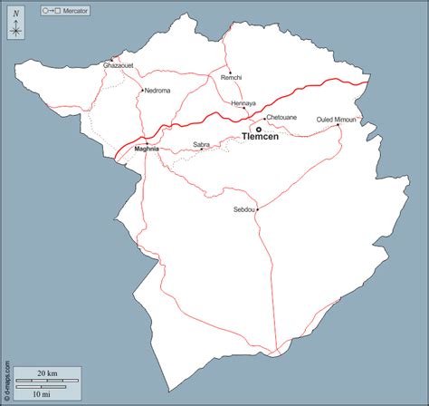 Tlemcen free map, free blank map, free outline map, free base map outline, main cities, roads, names