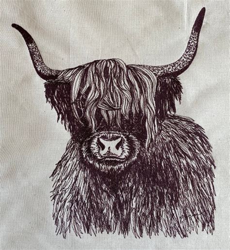 Highland Cow Machine Embroidery File Style esquissé. 4 | Etsy