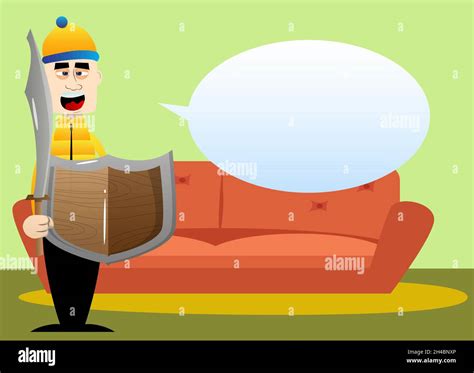 Funny cartoon man dressed for winter holding a sword and shield. Vector illustration Stock ...