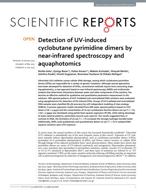 (PDF) Detection of UV-induced cyclobutane pyrimidine dimers by near-infrared spectroscopy and ...