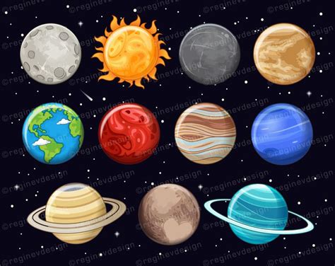 Solar System Clipart, Planets Cartoon, Cute, Sun, Moon, Globe, Earth, Vector, Kawaii, Chibi ...