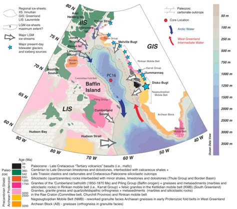 Baffin Bay general map and core location. The bathymetry, oceanic ...