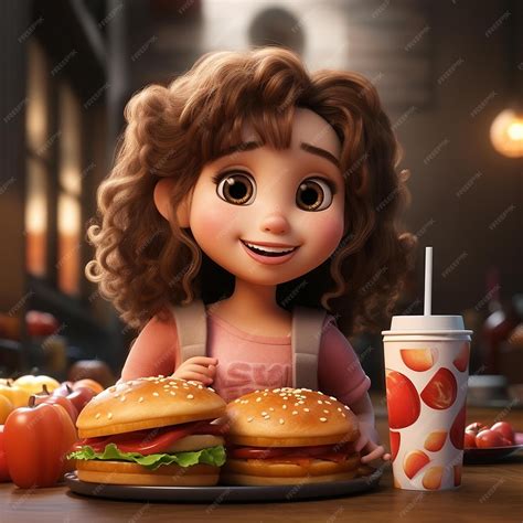 Premium Photo | Girl With A Hamburger And A Drink At A Table