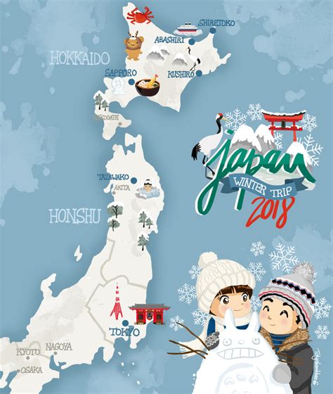 an illustrated map of japan with people in winter clothing and snowflakes on it