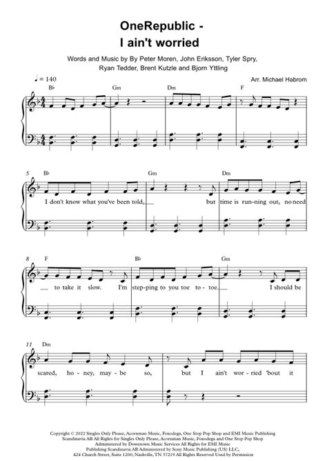 I Ain't Worried (arr. Michael Habrom) by OneRepublic Sheet Music for Easy Piano at Sheet Music ...