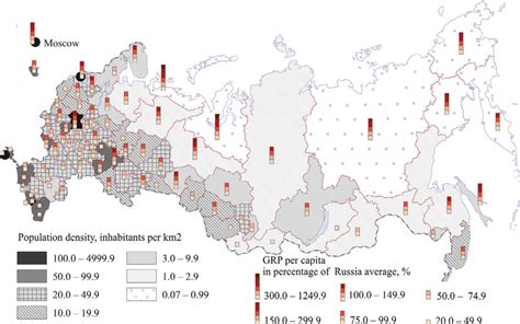 Russian regions: population density and GRP per capita. | Download ...