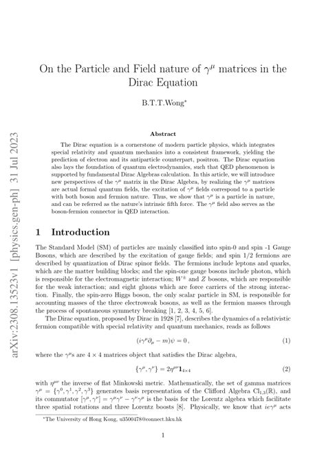 (PDF) On the Particle and Field nature of $\gamma^\mu$ matrices in the ...