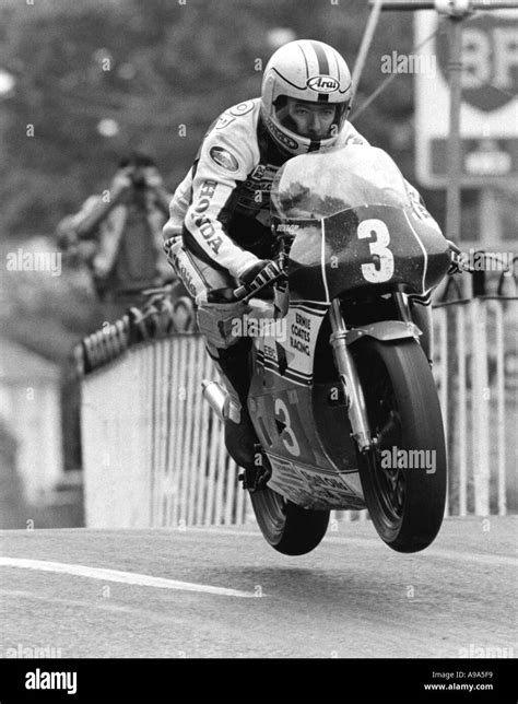 Joey Dunlop takes off at Ballaugh Bridge Isle of Man TT races Stock ...