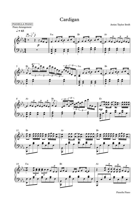 Taylor Swift - Cardigan (Piano Sheet) by Pianella Piano Partitura