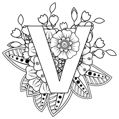 Letter V with Mehndi flower. decorative ornament in ethnic oriental. outline hand-draw vector ...