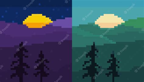 Premium Vector | Pixel nature forest day and night abstract background