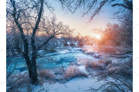 Winter landscape with snowy trees, ice, beautiful frozen river ~ Nature Photos ~ Creative Market