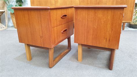 Retro Teak Bedside Tables Drawers Sleigh - Hilton and Main