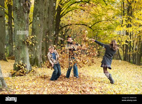 Three children throwing autumn leaves in a forest Stock Photo: 64384815 ...