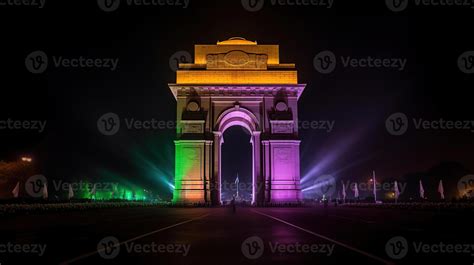 Beautiful India gate at night with multicolored lights. This landmark ...