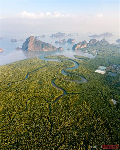 - Aerial view of river leading to Phang Nga bay at sunset, Thailand ...