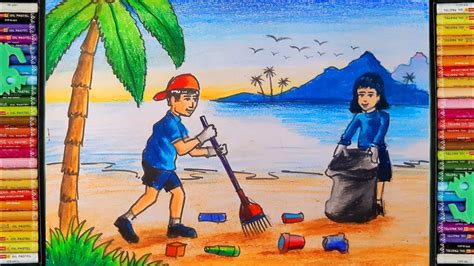 kids cleaning beach drawing | clean environment drawing easy with oil pastel colour step by step ...