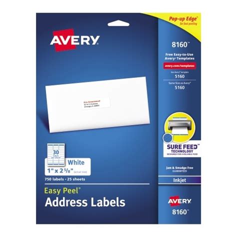 Avery Easy Peel® Address Labels, Inkjet, Sure Feed™ Technology, Permanent Adhesive, 1" x 2 5/8 ...