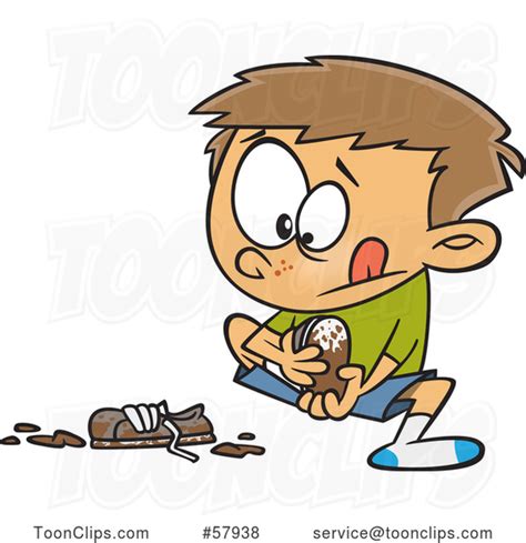 Cartoon White Boy Pulling off His Muddy Shoes #57938 by Ron Leishman