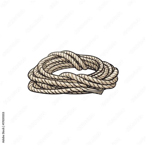 Roll of ship rope, side view cartoon vector illustration isolated on white background. Cartoon ...