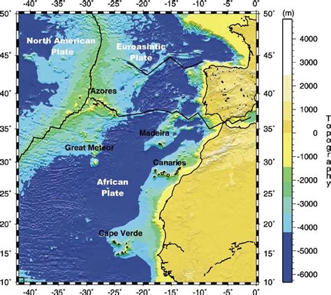 Bathymetry map of the central east Atlantic Ocean. | Download ...