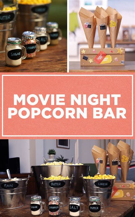 Movie Night Popcorn Bar | Popcorn bar, Movie night popcorn, Fun party themes