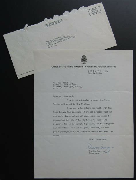 1968 Canadian Prime Ministers Office Letterhead & Envelope - Pierre Trudeau