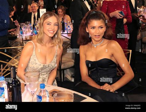 Sydney Sweeney, left, and Zendaya at the 74th Emmy Awards on Monday, Sept. 12, 2022 at the ...