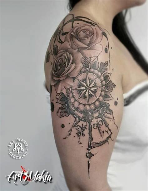 Rose Compass Tattoo by ArtMakia on DeviantArt | Feminine shoulder tattoos, Shoulder tattoos for ...