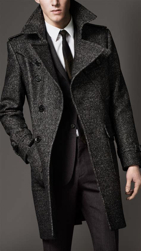 Burberry Wool Tweed Belted Coat in Gray for Men - Lyst