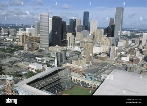 Houston, Texas: Aerials of downtown skyline with baseball team Houston ...