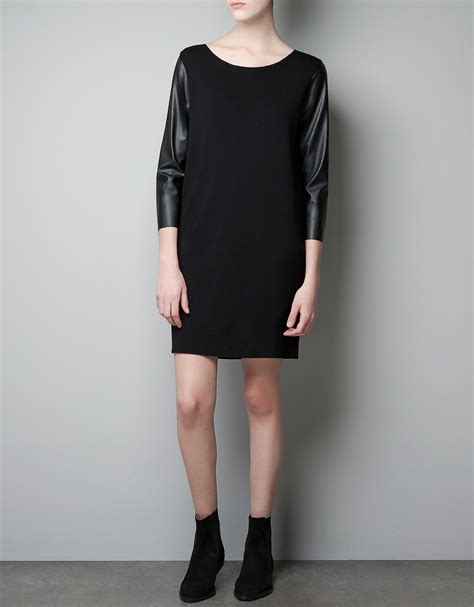 Zara Dress with Faux Leather Sleeves in Black | Lyst