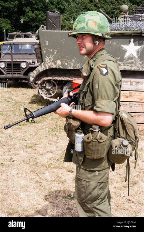 Vietnam War period re-enactment. American soldier on guard duty ...