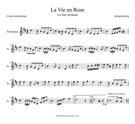 tubescore: Sheet music La Vie en Rose Trumpet by Edith Piaf. Life in Pink Trumpet Score