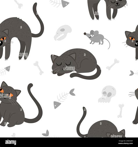 Seamless pattern with cute vector black cats and mouse. Digital paper ...