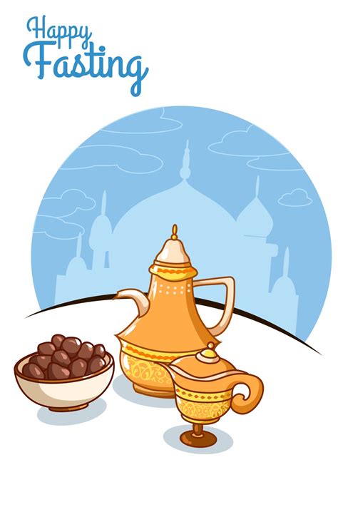 Happy fasting with tea and dates at ramadan mubarak cartoon illustration 2294444 Vector Art at ...