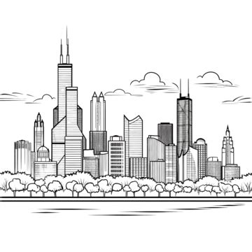 Chicago Cityscape Skyline Outline Doodle Drawing, City Drawing, Wing Drawing, Sky Drawing PNG ...